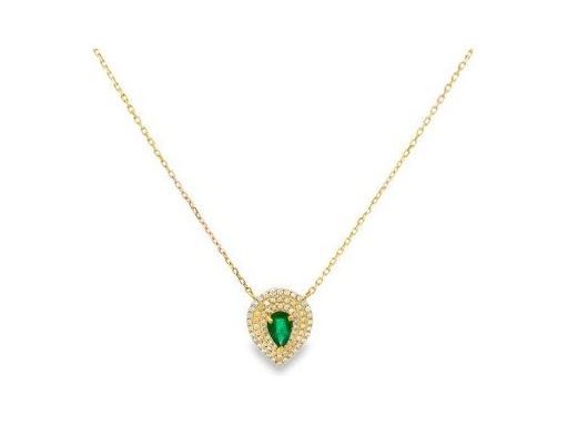18K Yellow Gold Emerald Halo Pendant Necklace with Natural Diamonds